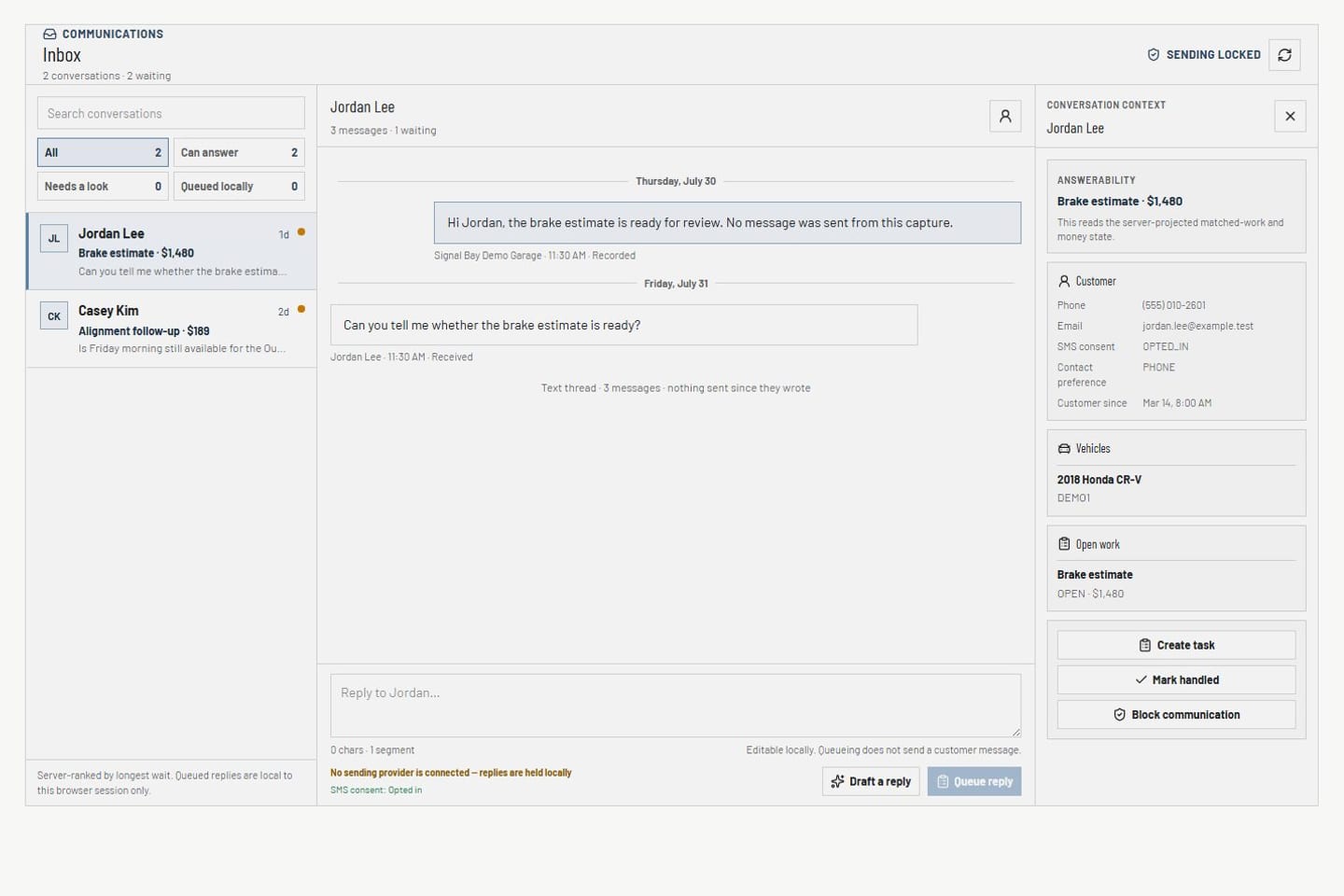 VehicleDesk communications inbox with customer context beside the conversation