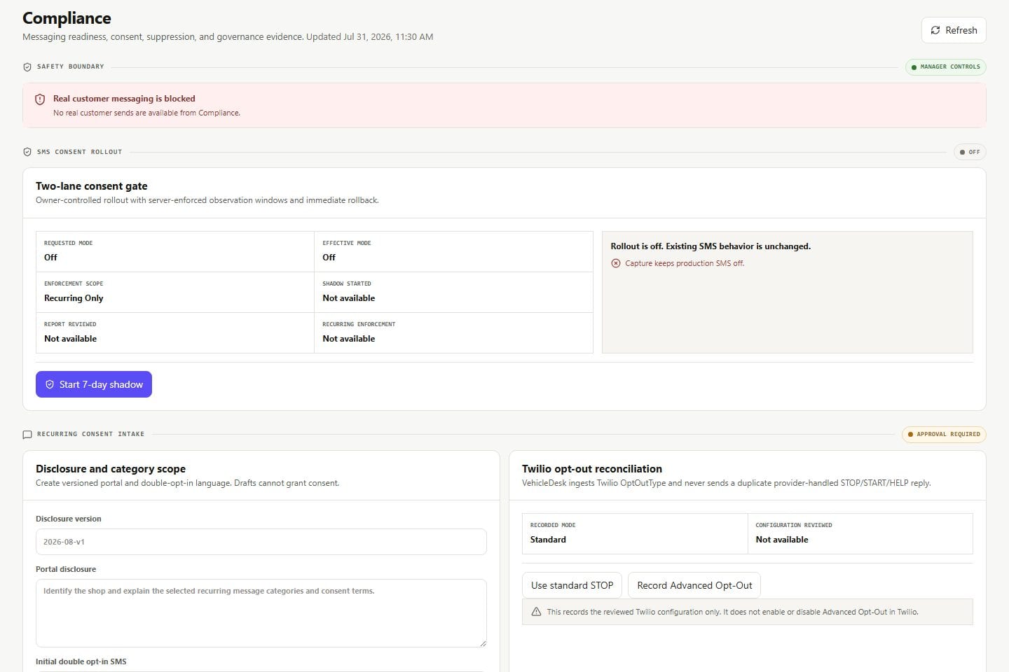 VehicleDesk compliance workspace with consent, suppression, policy, and blocked-send evidence