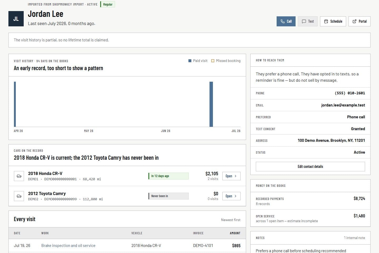 VehicleDesk customer profile with vehicles, service history, and follow-up in one workspace