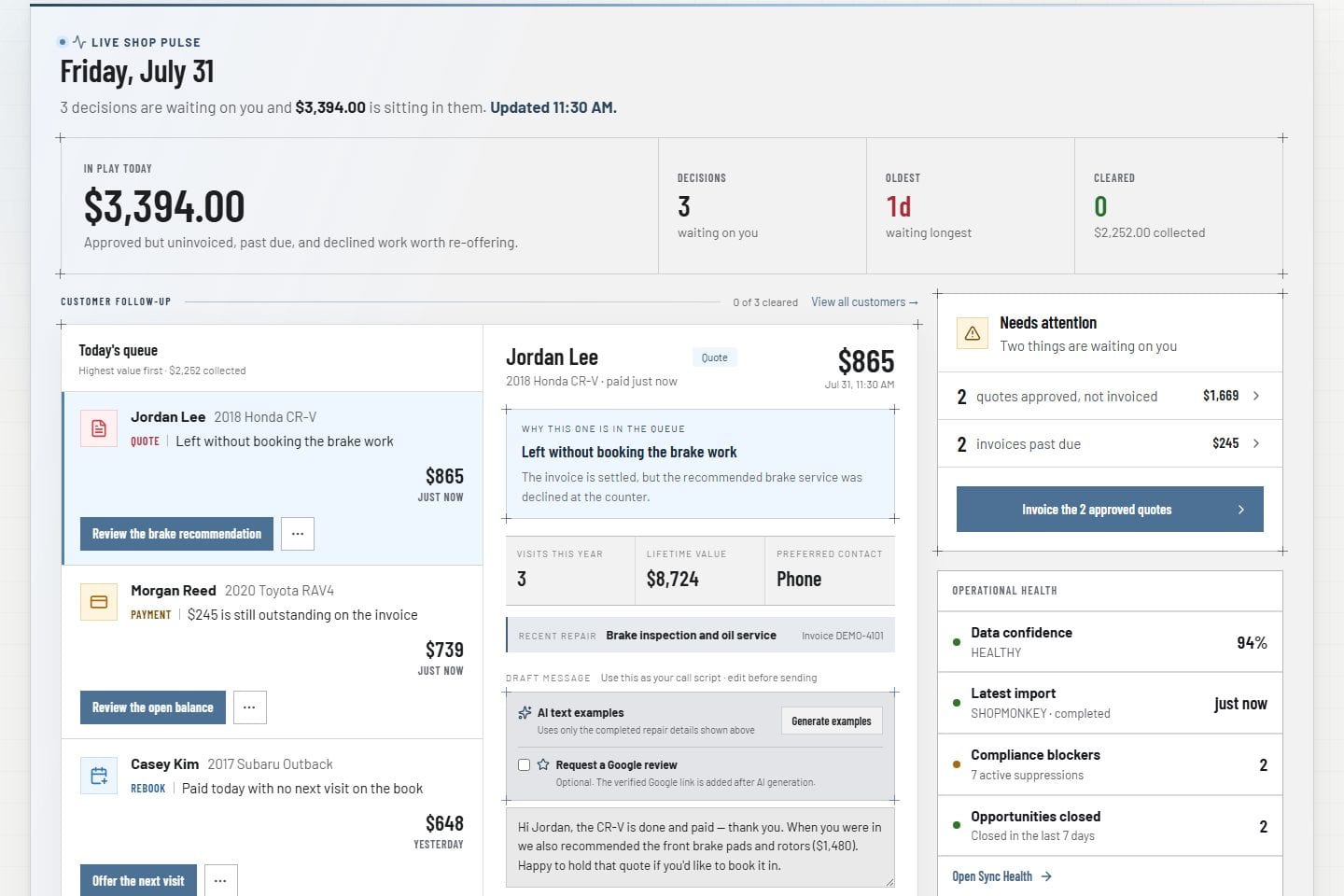 VehicleDesk owner dashboard with today's workload, recovery value, and follow-up