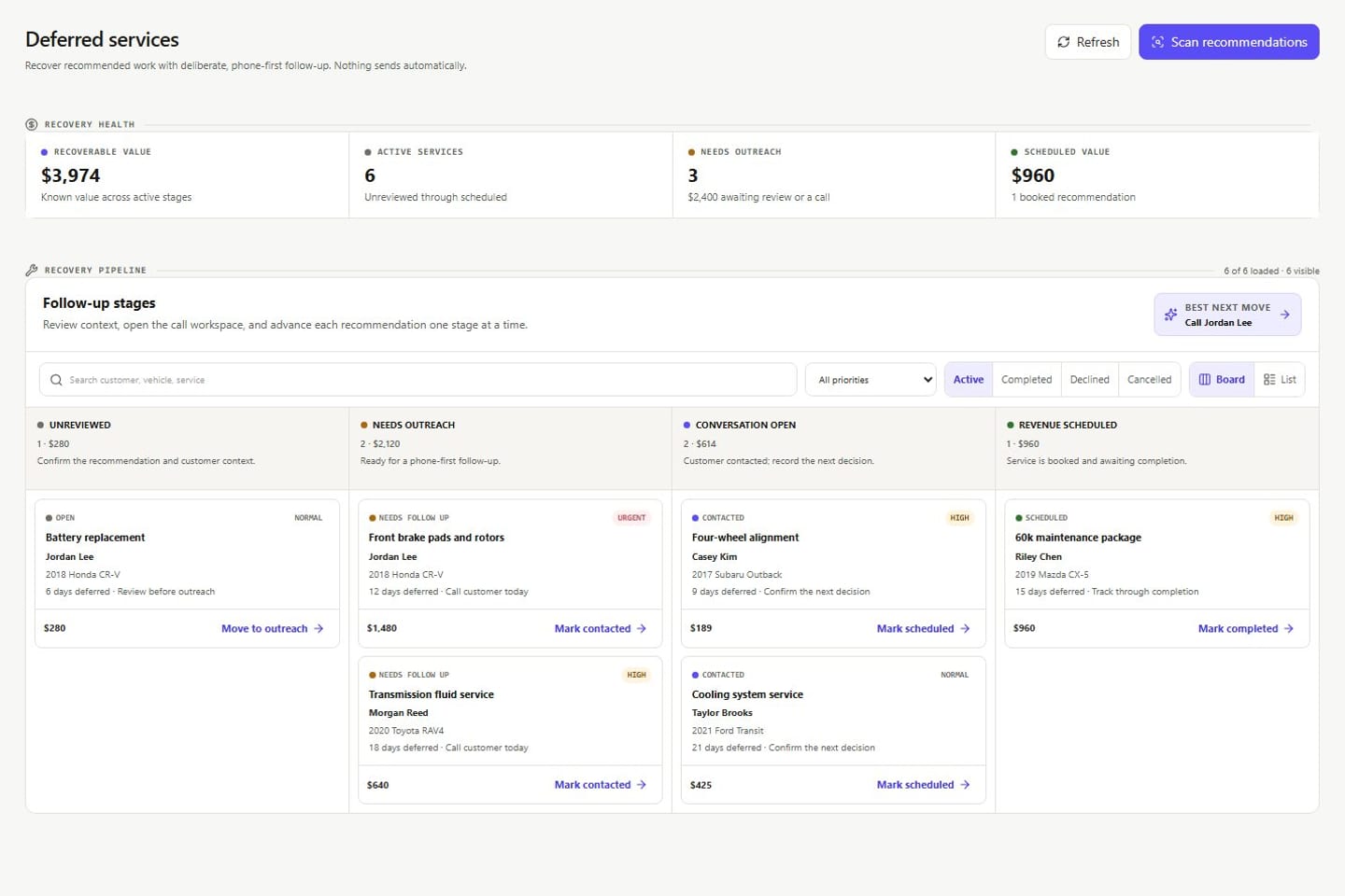 VehicleDesk deferred-service pipeline moving recommendations from open review to scheduled work