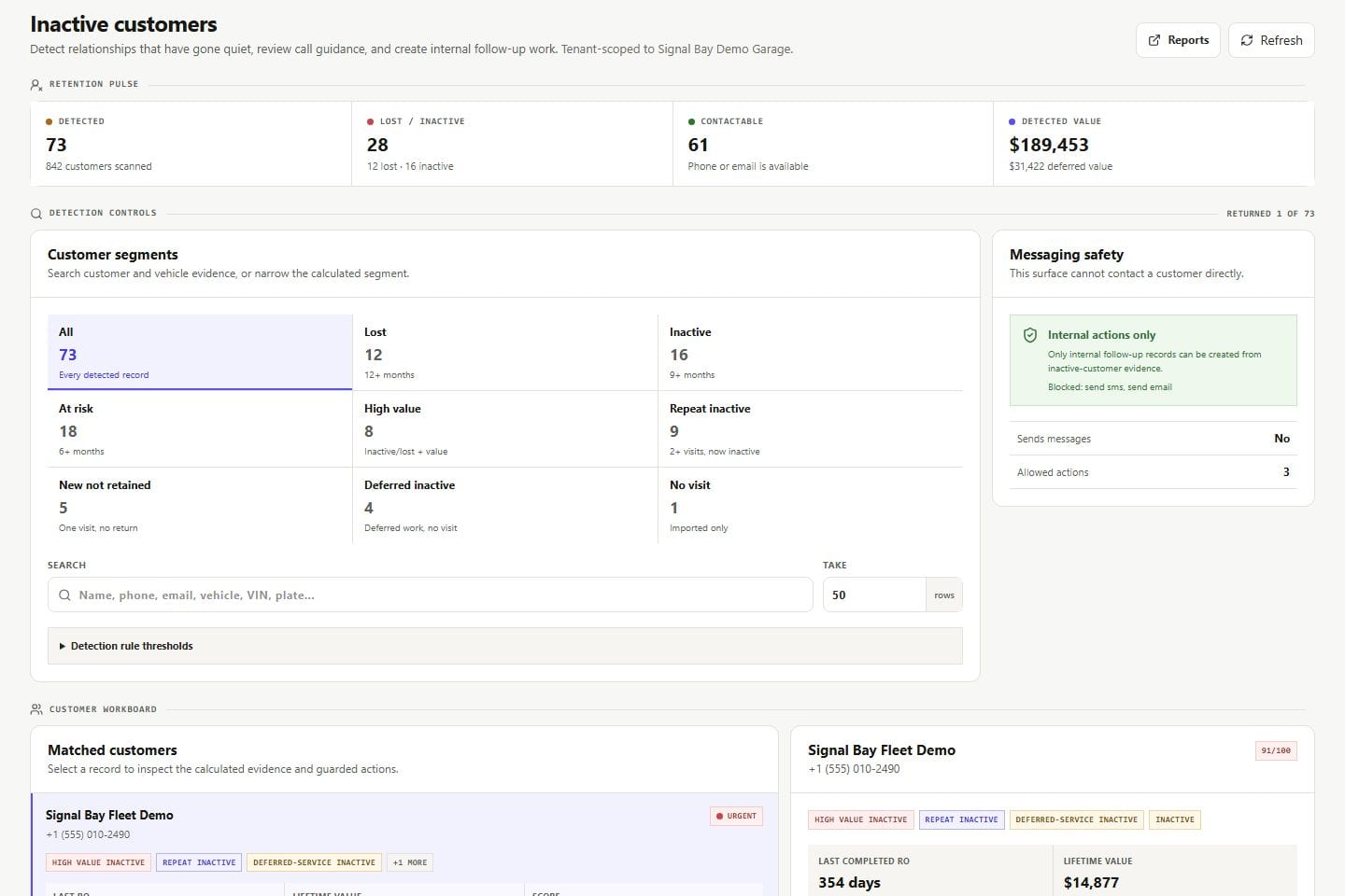 VehicleDesk inactive-customer workspace with relationship and next-action evidence