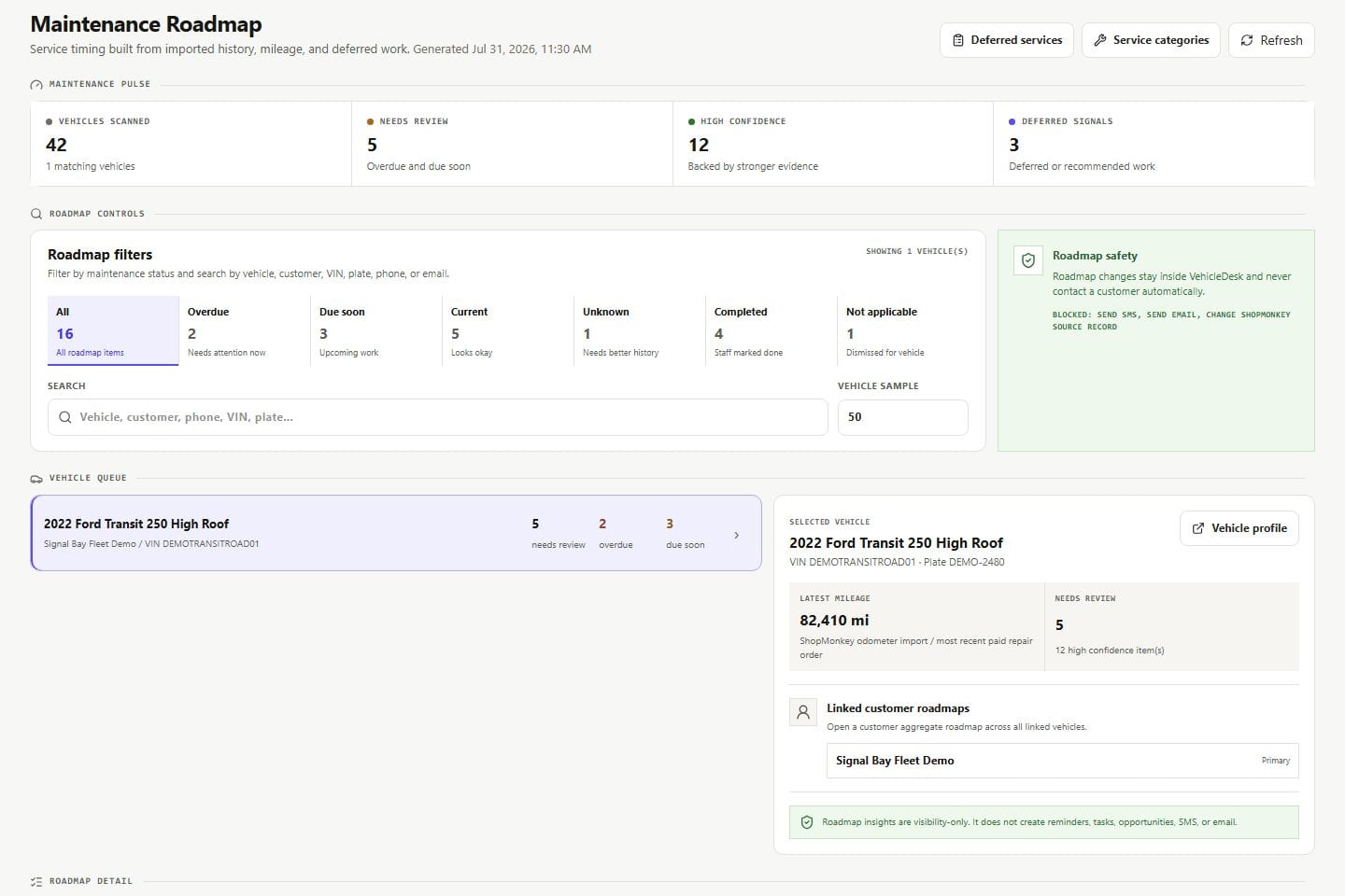 VehicleDesk maintenance roadmap with vehicle, mileage, service, and recommendation evidence