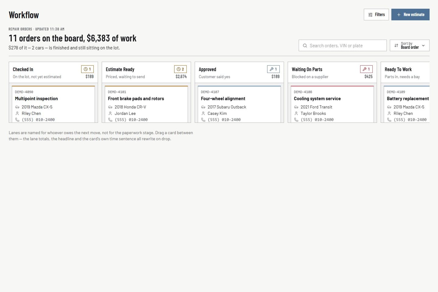 VehicleDesk repair-order board with active jobs arranged by stage